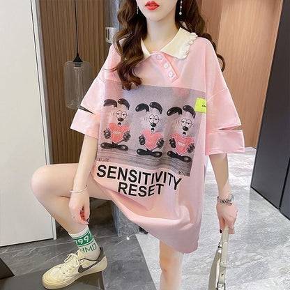 夏新作 アルファベットプリント POLOネック ロング Tシャツ ゆったりワンピース ＜U-3038＞