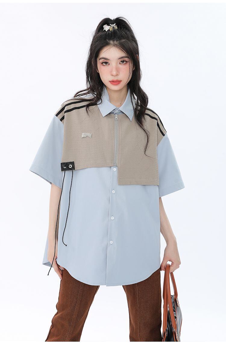 期間限定 ファッション 個性派 レイヤード風 切り替え プリント全3色 男女兼用 半袖Tシャツ<U-9044>