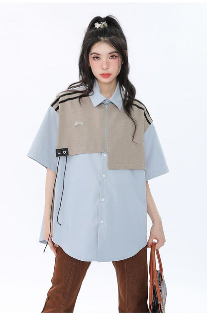 期間限定 ファッション 個性派 レイヤード風 切り替え プリント全3色 男女兼用 半袖Tシャツ<U-9044>