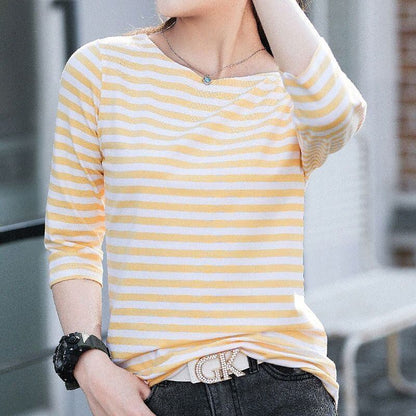お買い得 定番シンプル 大活躍 着心地抜群 ストライプ柄 全4色 7分袖 Tシャツ ＜U-9134＞