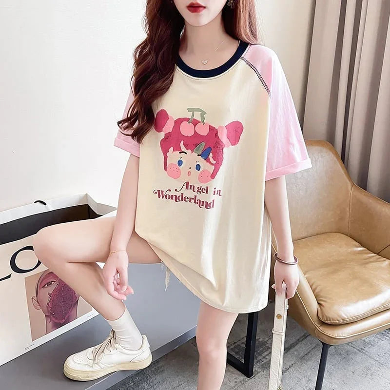 女子マスト ラグランTシャツ カラーマッチング ライトパープル アルファベットプリント半袖 ＜U-2974＞