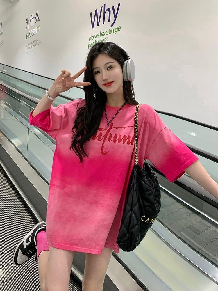 レイジースタイルドーパミングラデーションタイダイオールマッチ半袖Tシャツ<U-2895>