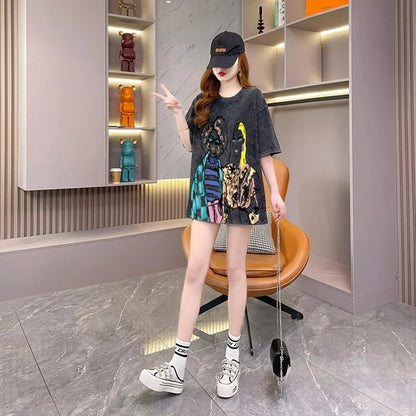 おすすめ ストリート系 ヴィンテージ加工 プリントTシャツ ゆったり半袖＜U-3022＞