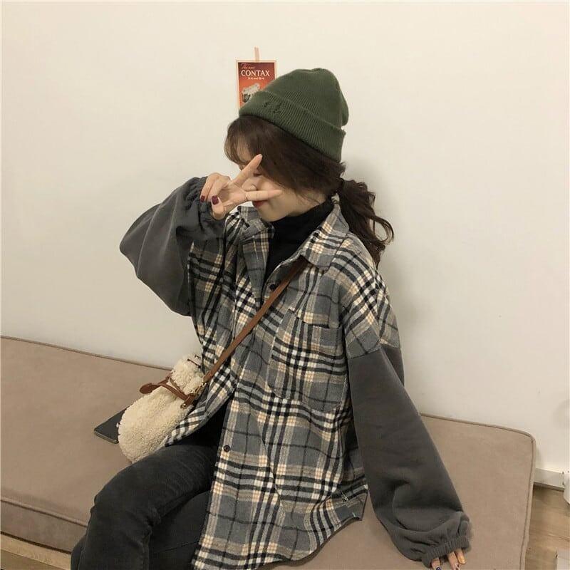 オシャレ度満点 カジュアル POLOネック チェック柄 シャツ ブラウス＜isf-2641＞