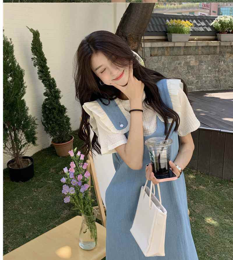 美人度アップ デニム 大人可愛い 全2色 半袖Tシャツ+サスペンダースカート セット<U-8782>