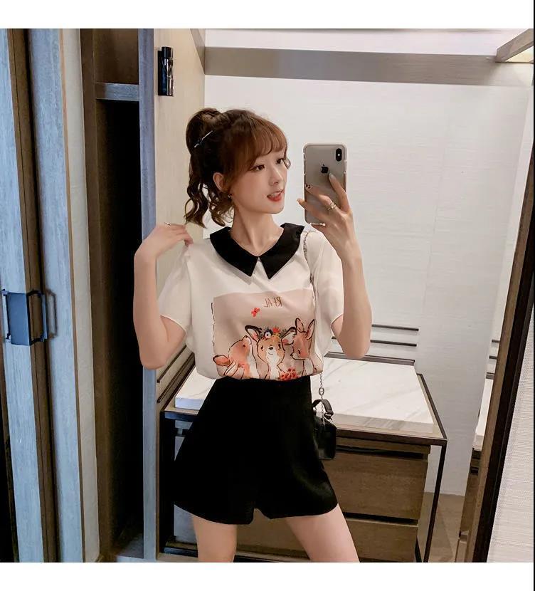 美人度アップ シフォン スウィート 半袖 Tシャツ ショートパンツ セットアップ ＜U-9234＞
