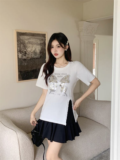 絶対欲しい キュート 超人気 ピンク プリント スパンコール 3色選択 半袖Tシャツ＜U-8570＞