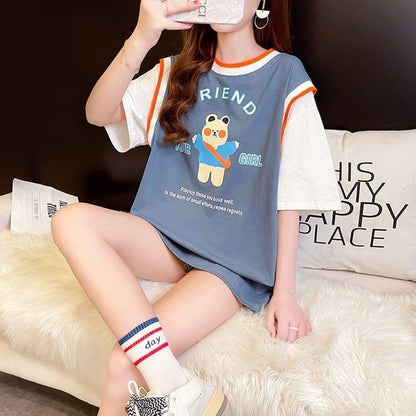 デザインセンス漫画フェイクツーピース半袖Tシャツ<U-3037>