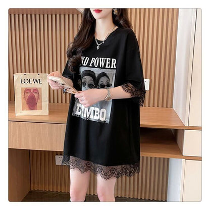 売り切れ必至 レース ファッション 切り替え ゆったり 半袖Tシャツ＜U-8480＞