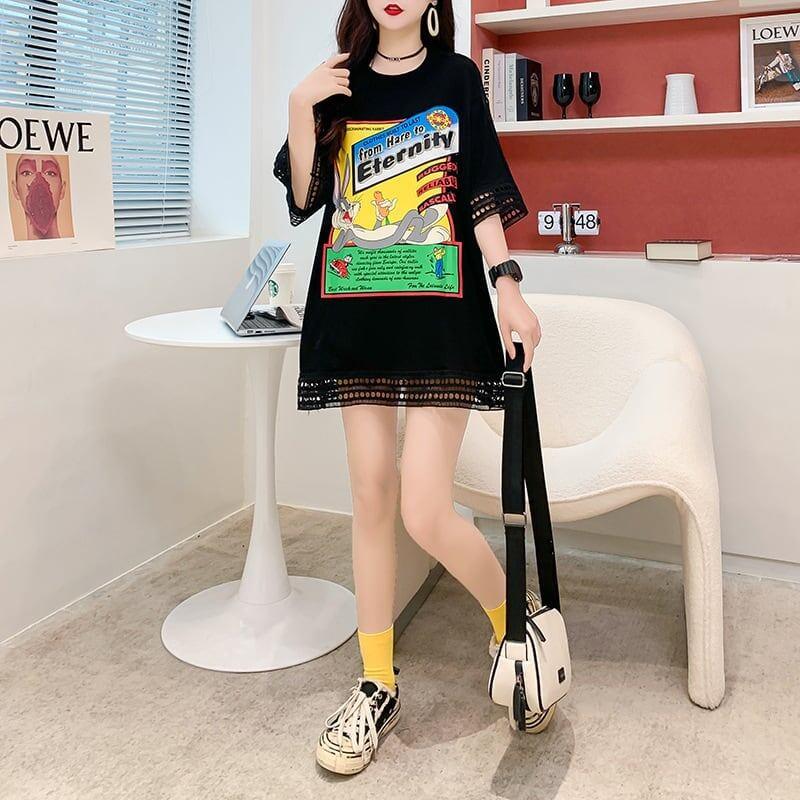 デザインセンス中空プリントTシャツルーズトップス<U-2877>