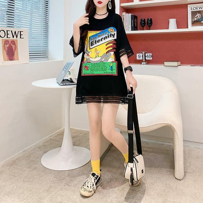 デザインセンス中空プリントTシャツルーズトップス<U-2877>