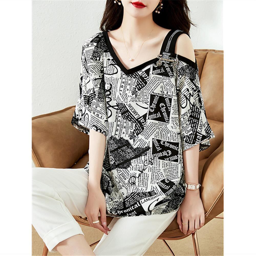 【半額！期間限定！！】絶対流行 特別デザイン 個性派 シフォン プリント 半袖Tシャツ＜U-8610＞