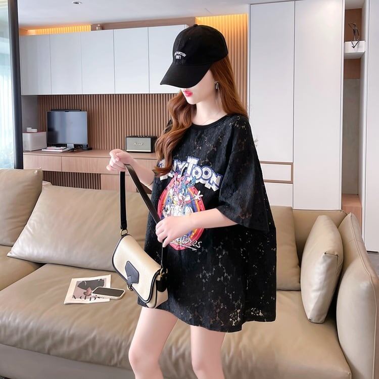 ハイエンドデザインセンスレース中空ルーズミドル丈半袖Tシャツ<U-3035>