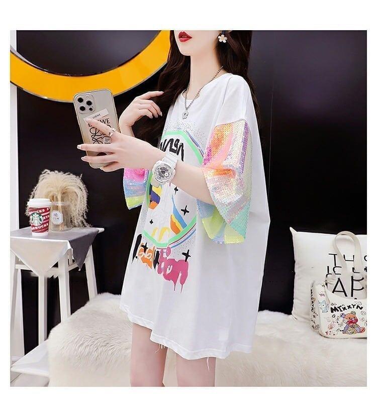 大好評 プリントTシャツ スパンコール切り替え ゆったり半袖＜U-2890＞