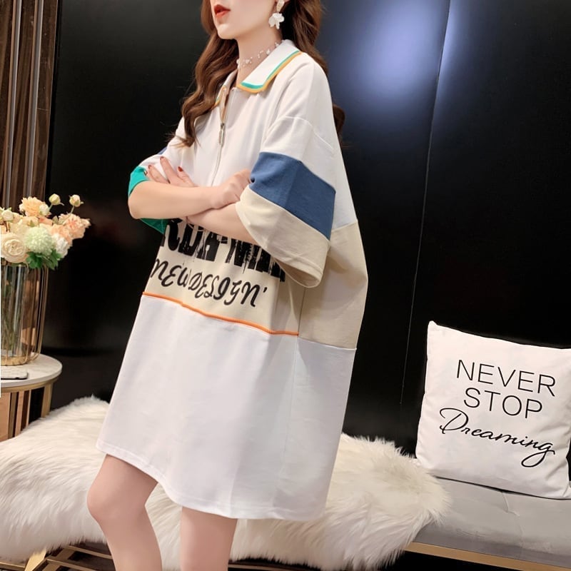 韓国系 切り替え POLOネック ファスナー ロング Tシャツ 二色 ゆったりワンピース ＜U-3015＞