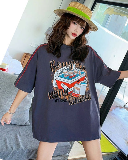着?せ ゆったり ビッグロゴ ロングTシャツ 半袖 ワンピース<U-4859>
