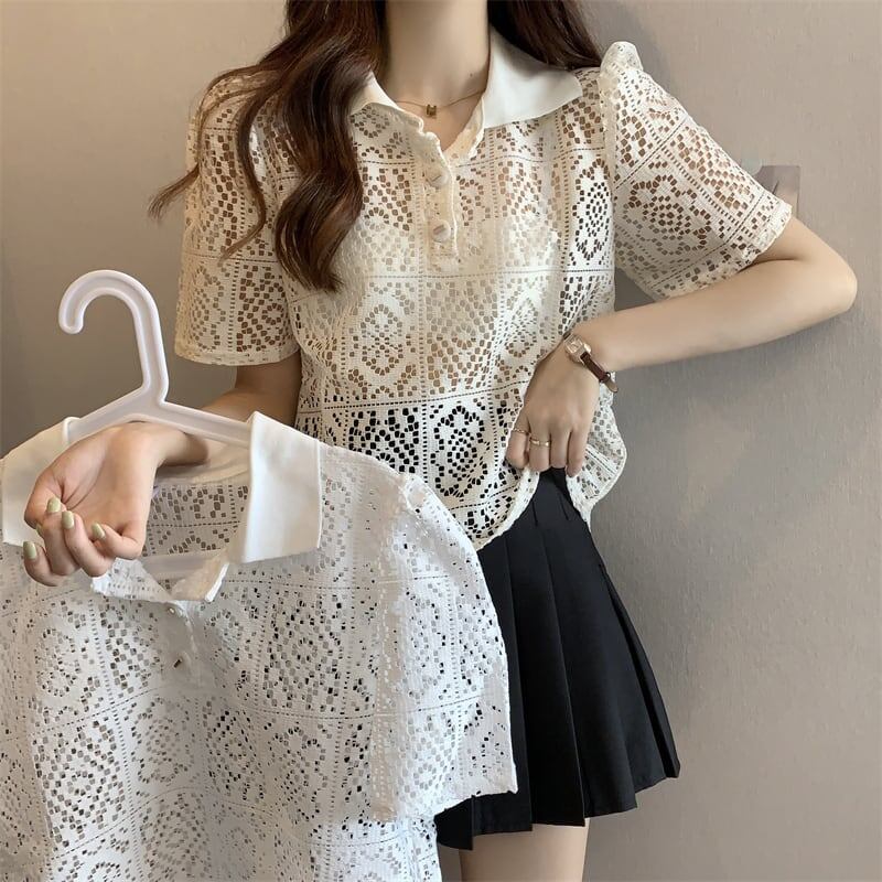 ファッション 透かし彫り 美人度アップ POLOネック Tシャツ カットソー＜U-3234＞