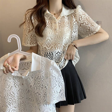 ファッション 透かし彫り 美人度アップ POLOネック Tシャツ カットソー＜U-3234＞