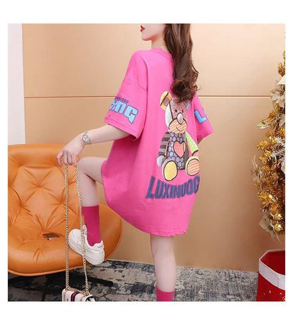 質感のいい アルファベット 熊柄 ドロップショルダー オーバーサイズ Tシャツ ＜U-2878＞
