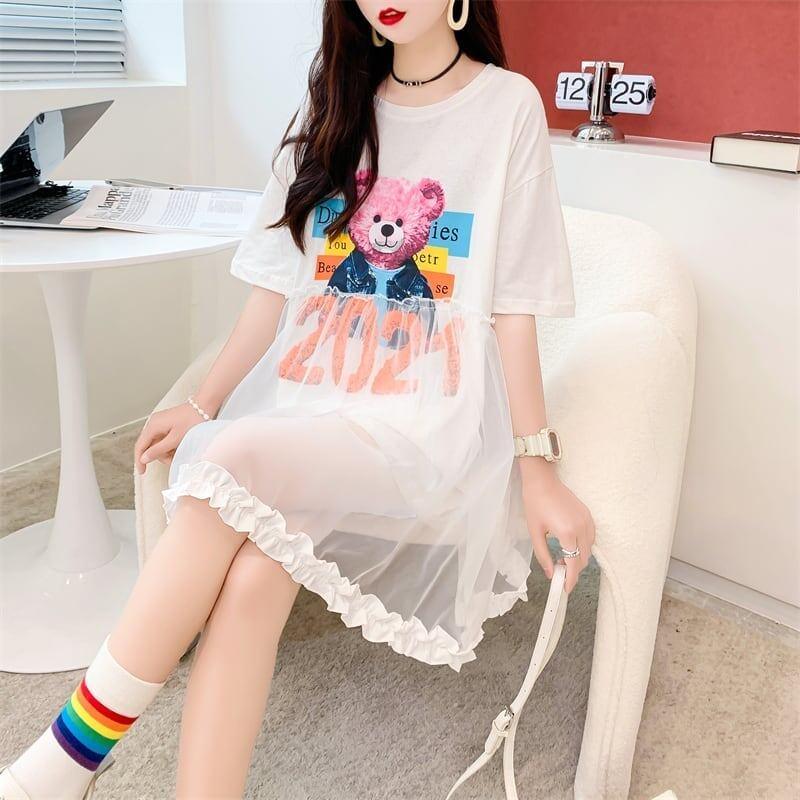 デザインセンスレースステッチフェイクツーピース半袖Tシャツワンピース<U-2964>