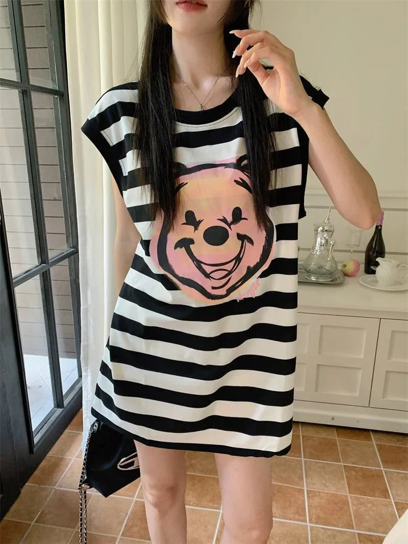 おしゃれ度アップ ノースリーブ ストライプ柄 ロング Tシャツ ゆったり ワンピース＜U-2977＞
