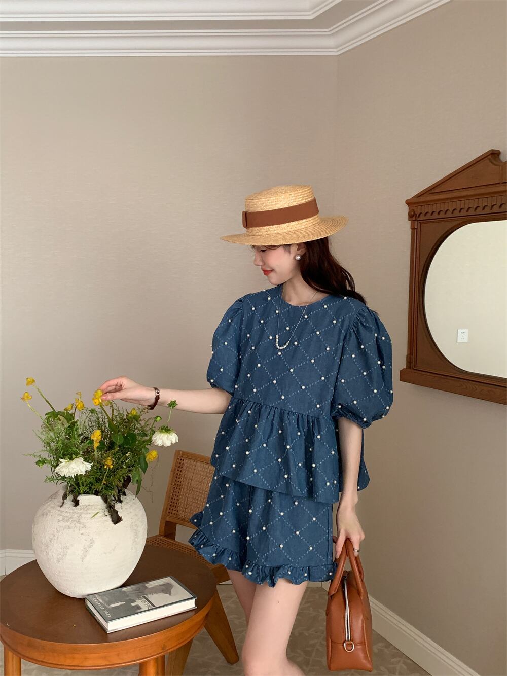 定番シンプル ファッション 個性派 デニム 半袖Ｔシャツⅹパンツセット<isf-11702>