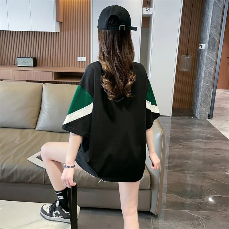 カジュアルルーズワッペン刺繍ステッチカラーブロック半袖Tシャツ<U-2870>