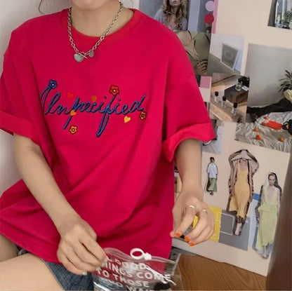 質感のいい アルファベット 刺ロゴ Tシャツ ローズ ゆったり半袖＜U-2967＞