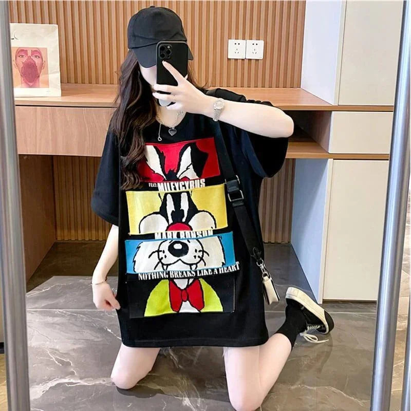 清純甘くて女子力UP ラウンドネック 一目惚れ カートゥーンプリント Tシャツ＜U-2817＞
