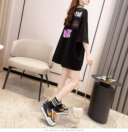 【半額！期間限定！！】グラフィック レース 透かし彫り ロング Tシャツ ゆったりワンピース ＜U-4021＞