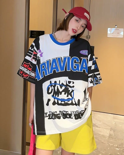 スタイルアップ効果抜群 レース アバンギャルド ダブルプリント全2色 半袖Tシャツ<U-8980>