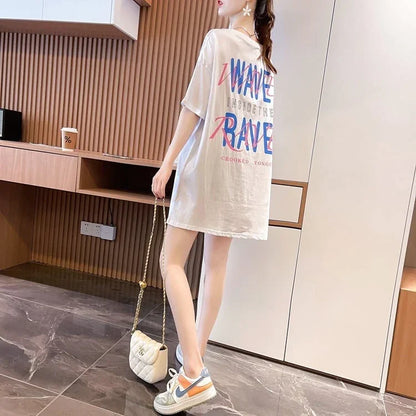ファッションデザインレースミドル丈半袖Tシャツ<U-3017>
