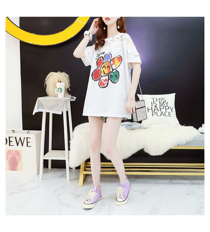 大人可愛い 切り替え レース 透かし彫り プリント全2色 半袖Tシャツ カットソー ＜U-8560＞