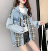 絶対流行 ファッション 活躍する優秀アイテム チェック柄 切り替え デニム Tシャツ ＜U-9264＞