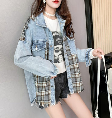 絶対流行 ファッション 活躍する優秀アイテム チェック柄 切り替え デニム Tシャツ ＜U-9264＞