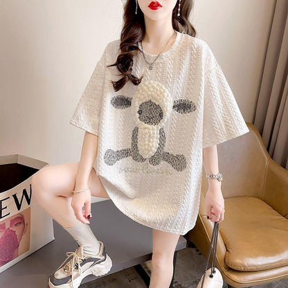高級立体ハンドビーズコットン半袖Tシャツ<U-2998>