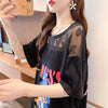 ファッションデザインレースミドル丈半袖Tシャツ<U-3017>