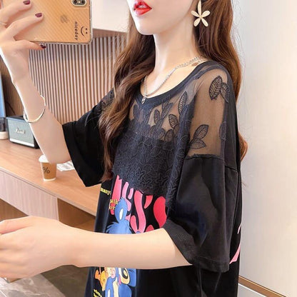 ファッションデザインレースミドル丈半袖Tシャツ<U-3017>