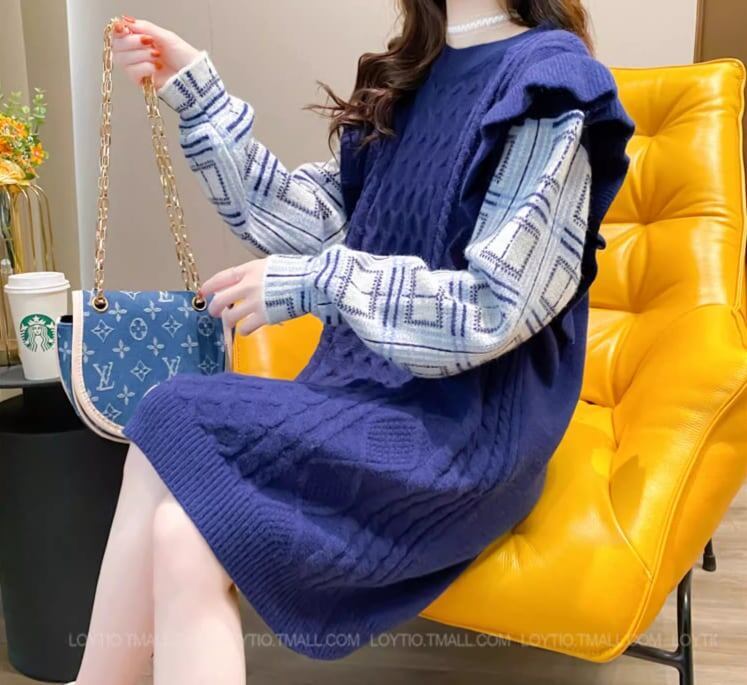 おしゃれ度アップレイヤード風ゆったりロングニットセーター全3色