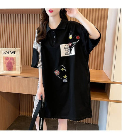 POLOネック 切り替え ストライプ柄 ロング Tシャツ ゆったりワンピース ＜U-3031＞