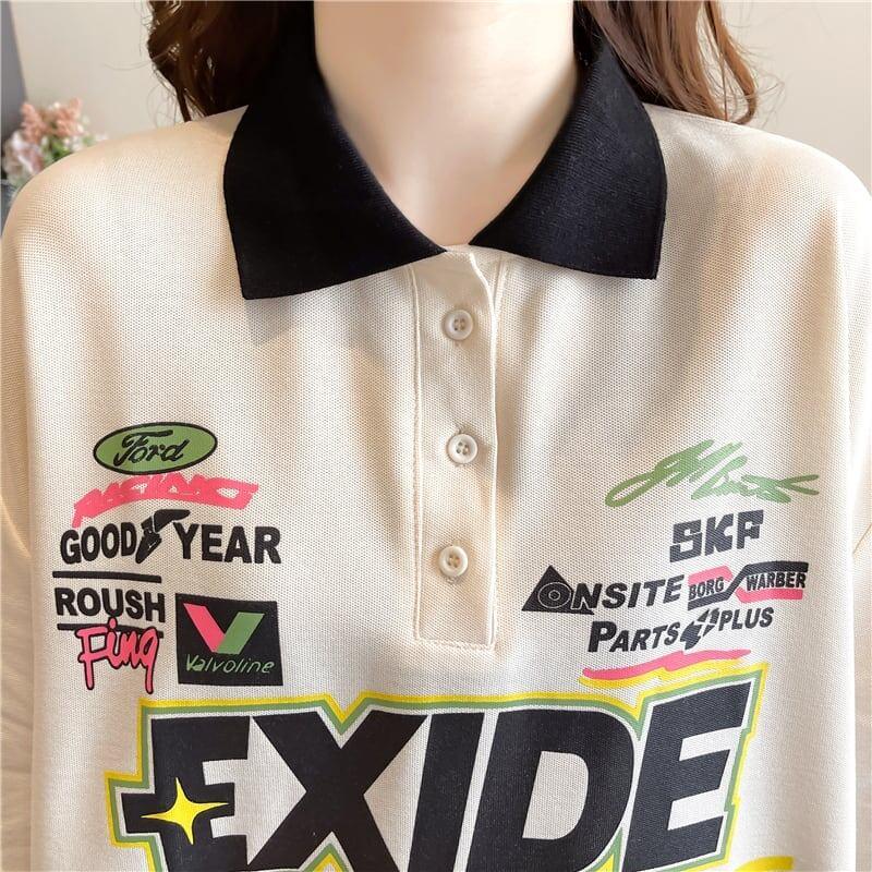 質感のいい ロング POLOネック プリントTシャツ ゆったり半袖 ＜U-2928＞