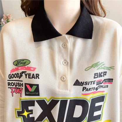 質感のいい ロング POLOネック プリントTシャツ ゆったり半袖 ＜U-2928＞