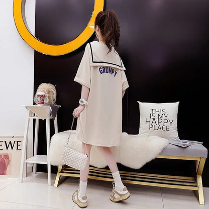 【半額！期間限定！！】絶対欲しい アルファベット セーラー襟 プリント ロング Tシャツ ゆったりワンピース ＜U-4020＞