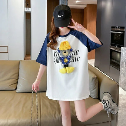 大注目 ラグランTシャツ カラーマッチング クマちゃん アルファベットプリント半袖 ＜U-2970＞