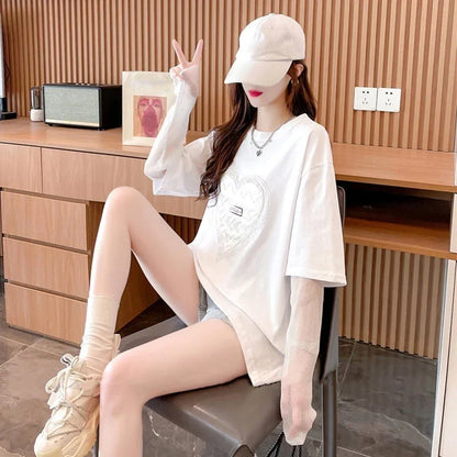 個性的なデザイン プリント 日焼け対策 切り替え Tシャツ カットソー＜U-3003＞