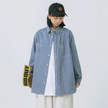 【春先行き】ルーズ ストライプ 着痩せ 男女兼用 シャツ U-13133
