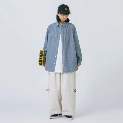 【春先行き】ルーズ ストライプ 着痩せ 男女兼用 シャツ U-13133