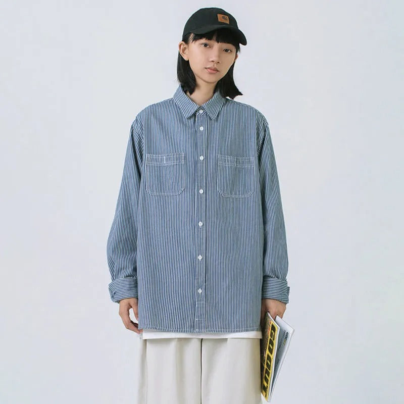 【春先行き】ルーズ ストライプ 着痩せ 男女兼用 シャツ U-13133