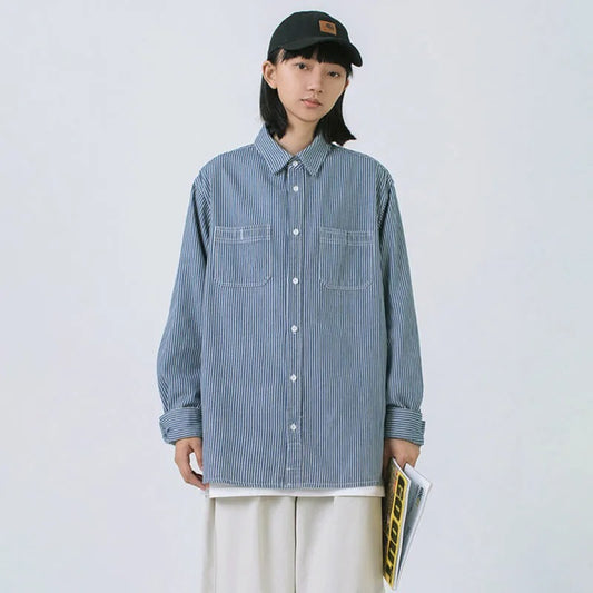 【春先行き】ルーズ ストライプ 着痩せ 男女兼用 シャツ U-13133