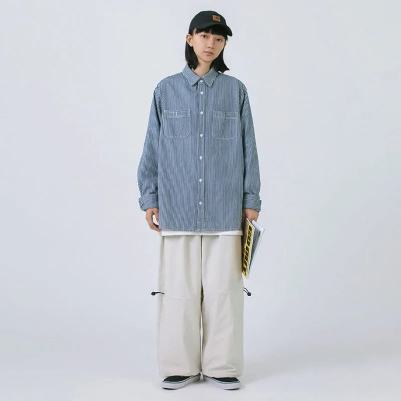 【春先行き】ルーズ ストライプ 着痩せ 男女兼用 シャツ U-13133